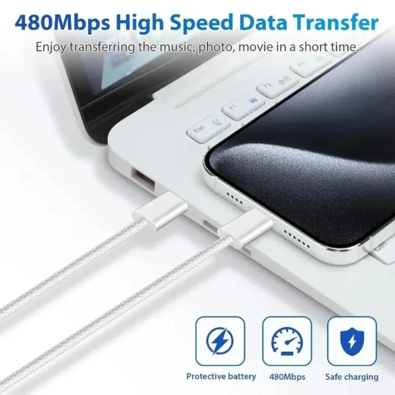 USB C Cable to USB C Fabric 60W PD Fast Charging Charger Cable Supports for iPhone 16 15 Samsung Xiaomi Huawei Fast Charging