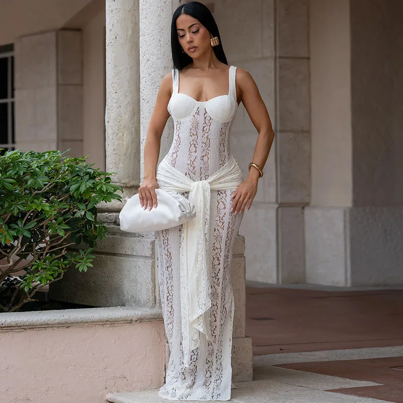 

Sexy See Through Striped Floral Lace Dress Woman Elegant Birthday Nightclub Sleeveless Camisole Lace-up Party Long Dresses Robe