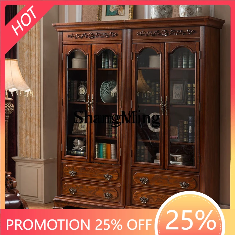 

SM household solid wood bookcase home office with glass door free combination dust locker