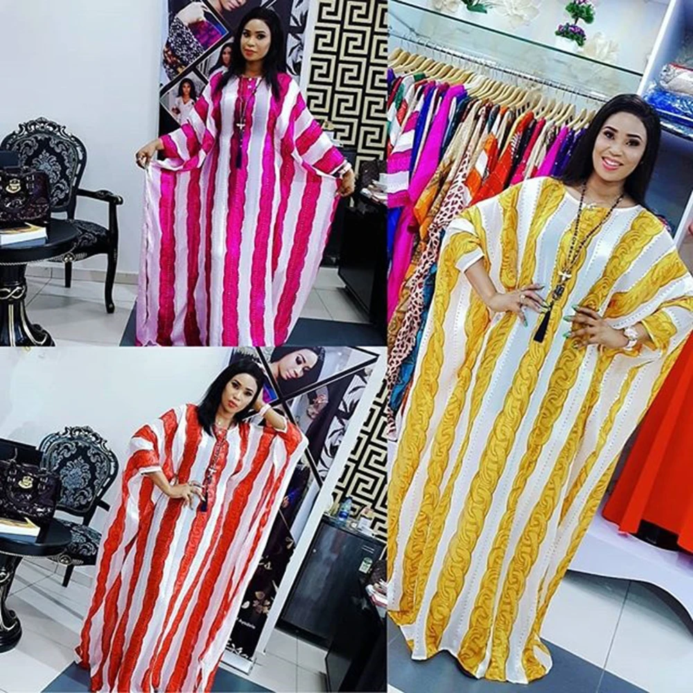 New Arrivals Spring Striped Loose Fashion African Dresses for Women Bazin Riche Sexy Batwing Sleeve Femme Robe