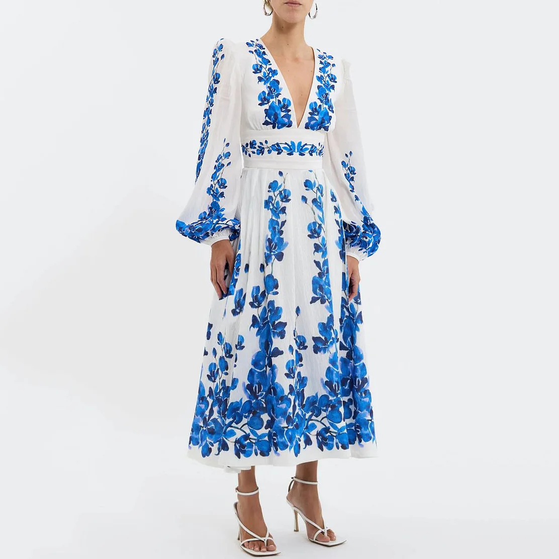 Traje de baño Floral de una pieza para mujer, traje de baño de manga larga, conjunto estampado azul, Vestido de playa, ropa de estilo de vacaciones, falda Maxi, vestido veraniego