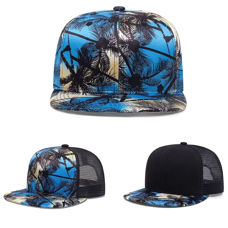 Neue Hip Hop blau Kokosnuss baum Hut Krempe bunte Muster Baseball Hut gerade Schnalle Männer