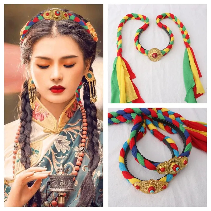 

Chinese Antique Tibetan Headdress Ponytail Wig Tibetan Braid Hair Hoop Ethnic Bride Hair Rope Hair Ornament