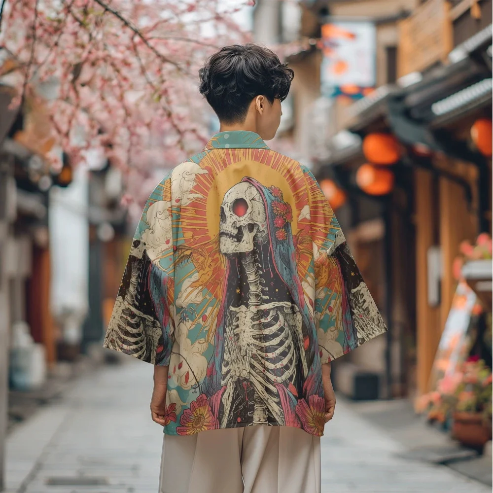 الهياكل العظمية طباعة كيمونو موضة عادية سترة يوكاتا الصيف الرجال النساء التقليدية هاوري الشارع الشهير