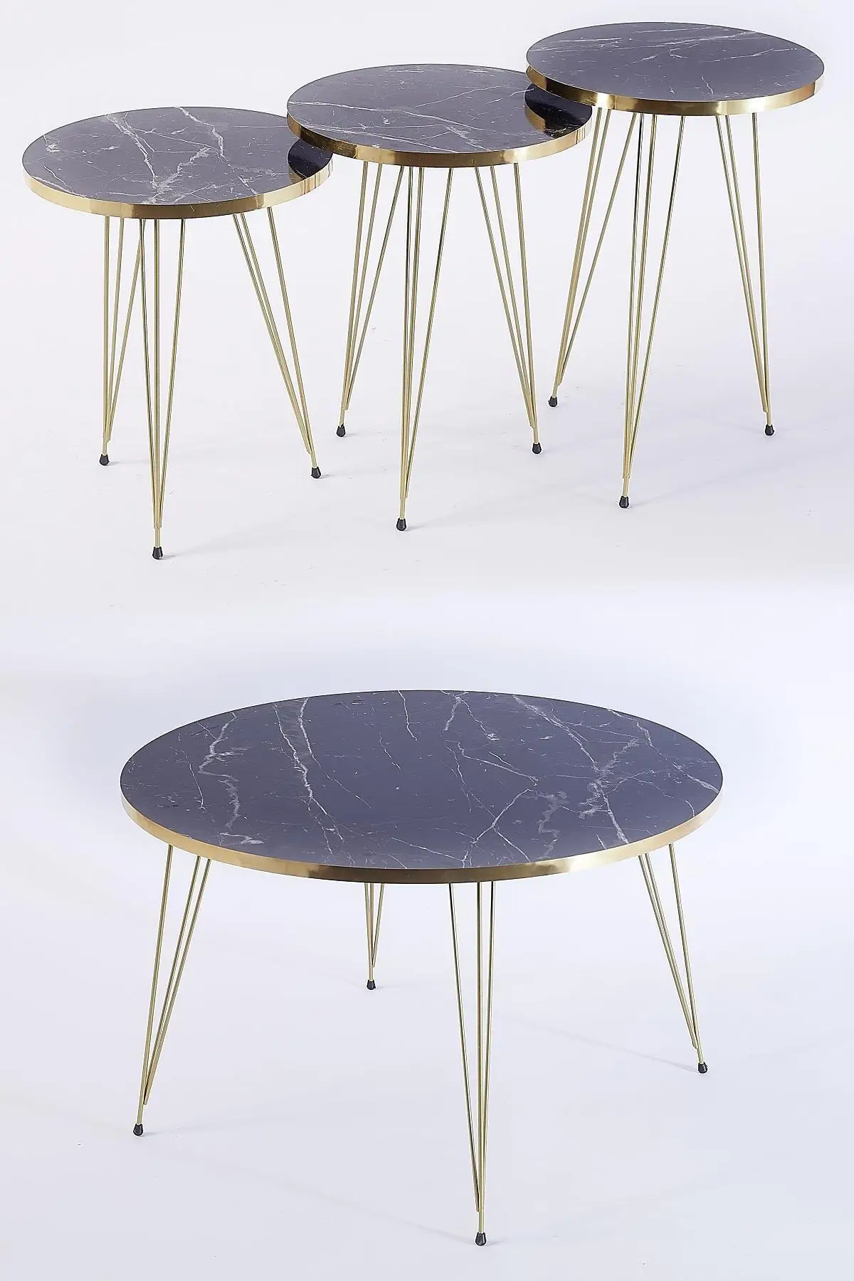 3 pcs Zigon Medium Coffee Table Set Round-black Marble as MDF Gold Metal Toe