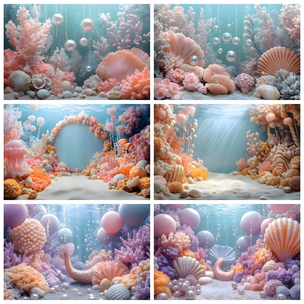 Underwater World Baby Birthday Backdrop Undersea Ocean Jellyfish Coral Mermaid Girls Birthday Party Photography Background Decor