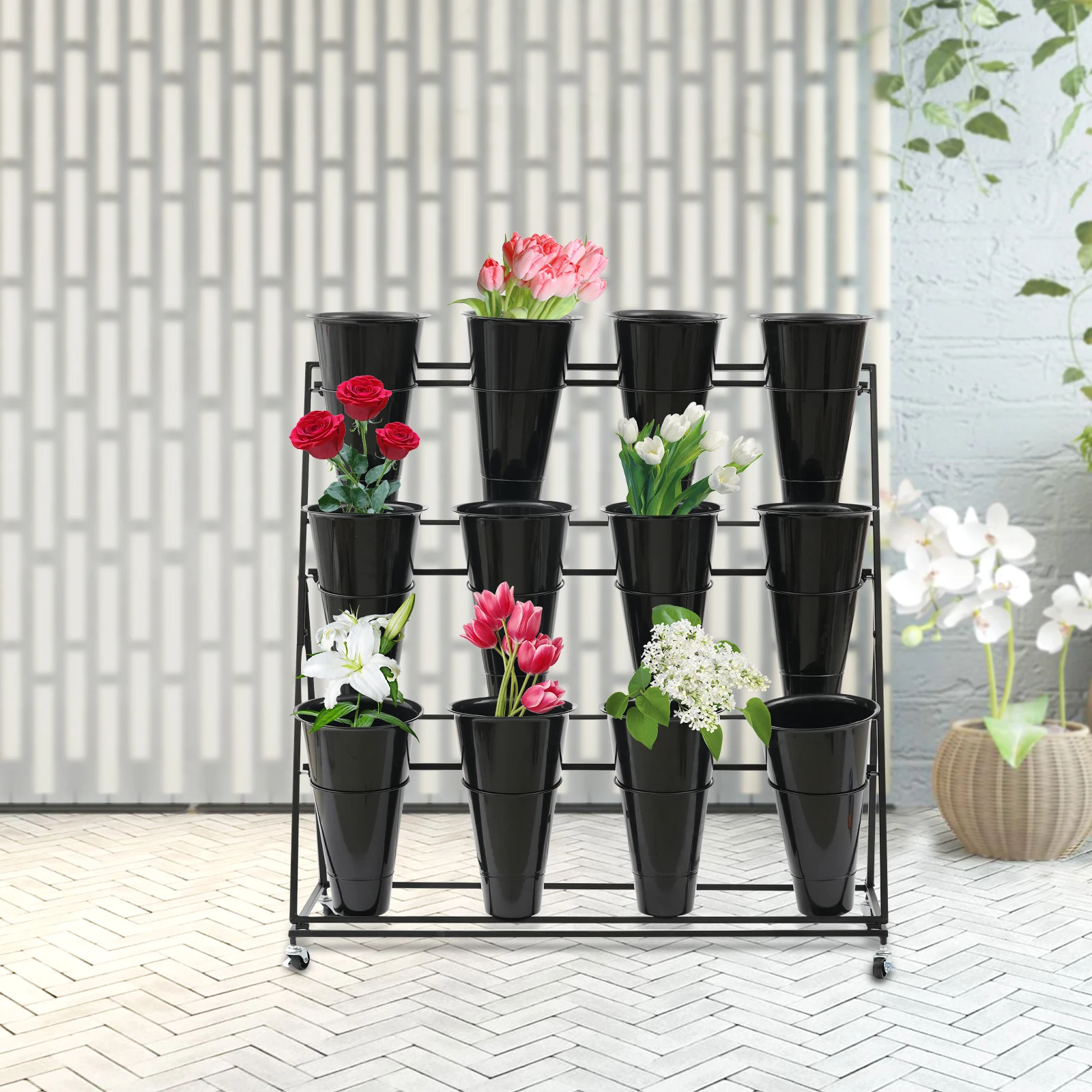 3 Layers Black Flower Display Stand Modern Movable Metal Plant Stand with 12 Buckets for Home Patio Balcony Shop