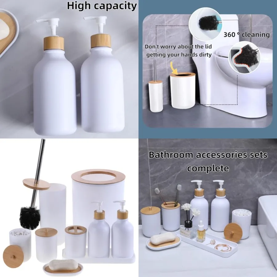

Matte Bathroom Accessories Set 9PCS, Bamboo Bathroom Accessories Sets Complete with Trash Can, Soap Dispenser and Toothbrush Ho