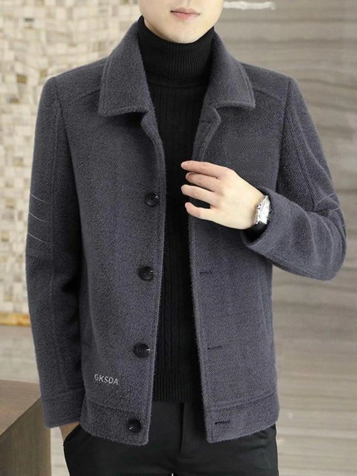 

2025 New Men's Woolen Coat ort Thi Autumn Winter Tweed Jaet High End Windbreaker Stand Fit No Breathable