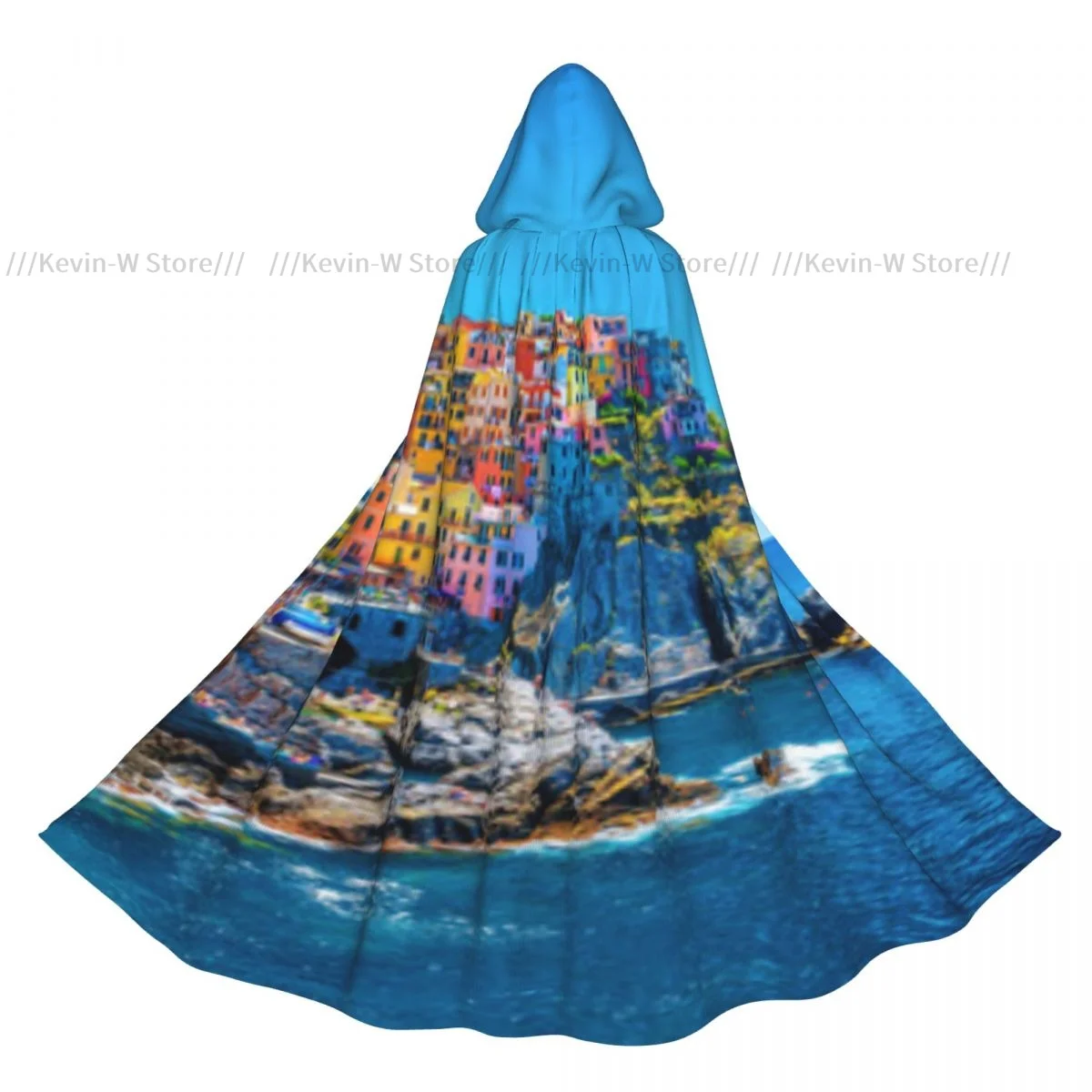 Unisex Witch Party Reversible Hooded Adult Vampires Cape Cloak Colorful Cityscape Over Mediterranean Sea Europe Cinque Terre