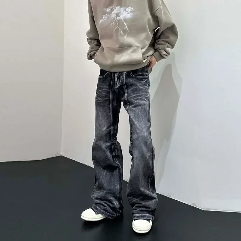 

American New Style Patchwork Distressed Jeans, Trendy Slightly Flared Straight Tube Trousers for Both Men and Women.