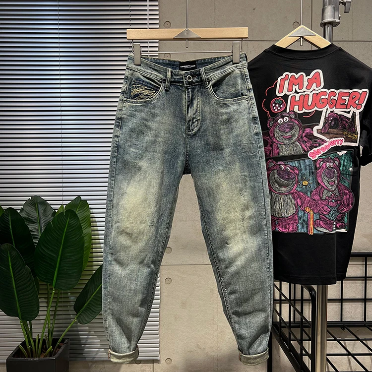 بنطلون جينز رجالي أمريكي ريترو بقصة ضيقة غير رسمي هارلان Sle قطن مطاطي من قماش الدنيم متوسط الخصر بنطلون طويل اتجاه الشباب