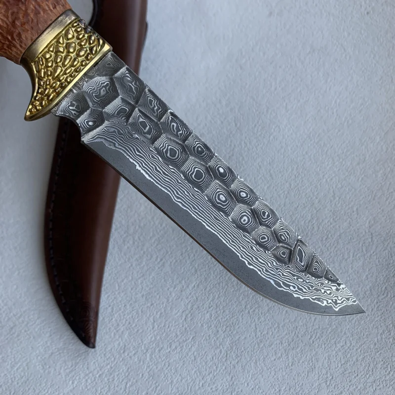 Hot-selling forged Damascus steel outdoor survival knife, high hardness straight knife, natural red shadow wood tumor small knif