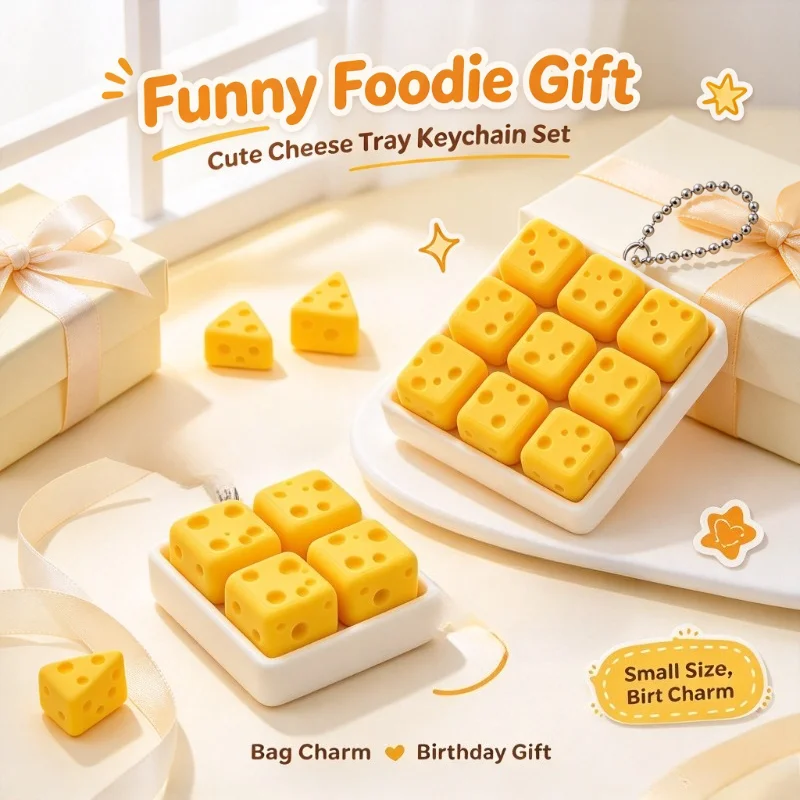 3D Printed Funny Cheese Clicker Fidget Keychain Portable Squeeze Sound Keyboard Tactile Button Press Desk Decor Gift
