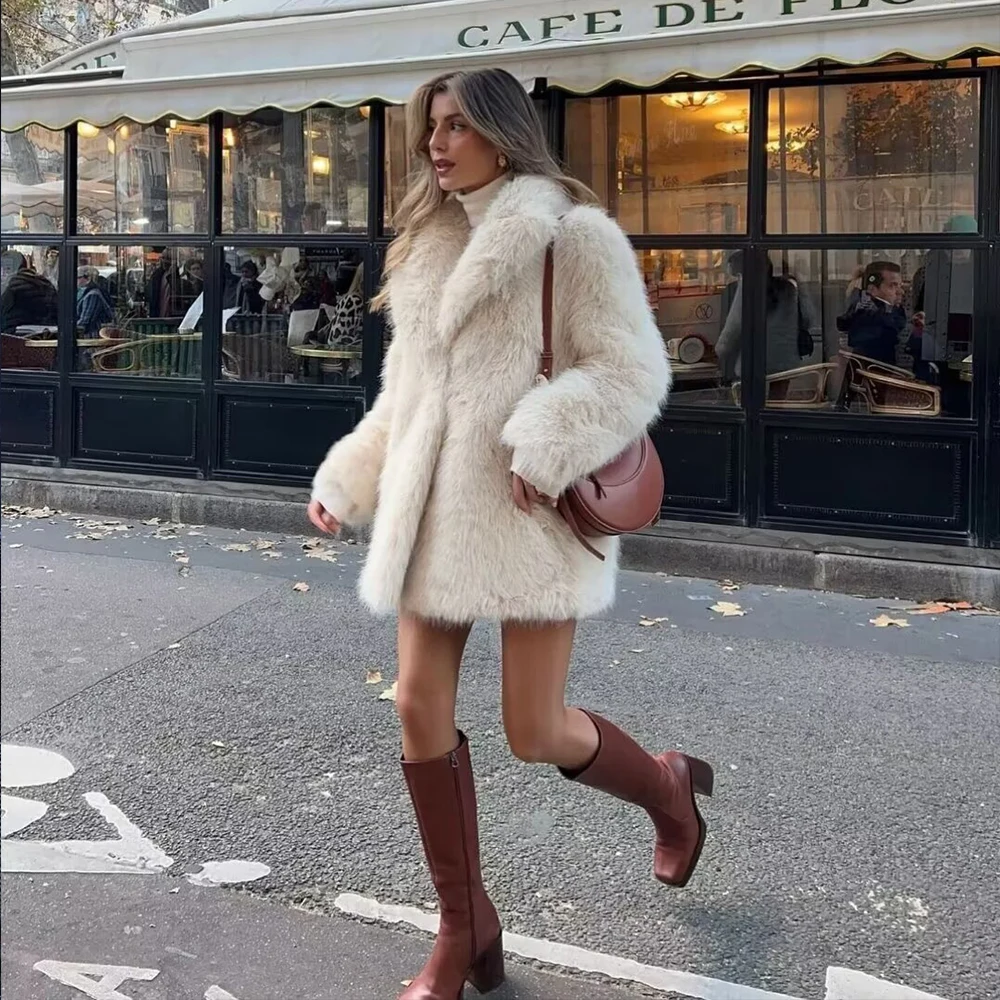 INS Fashion Elegant White Color Big Turn Down Collar Covered Button Long Sleeves Women Loose Artificial Fur Mid Long Coat ZATAF