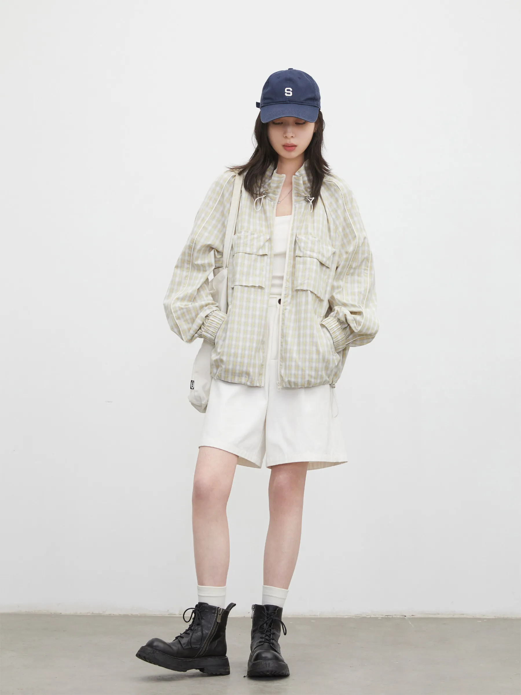 CHIC VEN Women Jackets Loose Casual Stand Up Collar Thin Cotton Plaid Drawstring Sun Protection Short Coat Spring Summer 2026