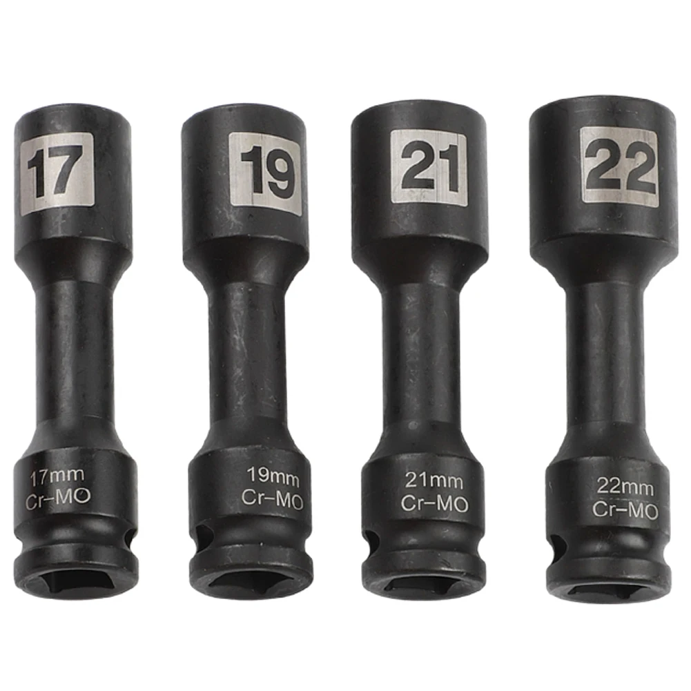 4pcs 100mm Length 1/2inch Drive Hex Socket Set H17 H19 H21 H22 Metric Deep Socket Wrenches For Automotive Repair Mechanic Tools
