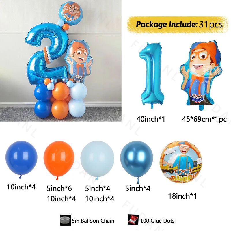 27pcs Blippi Theme Birthday Balloon Set Orange Blue Latex Balloons for Boy Baby Shower Globos Birthday 1 Year Old Party Decors