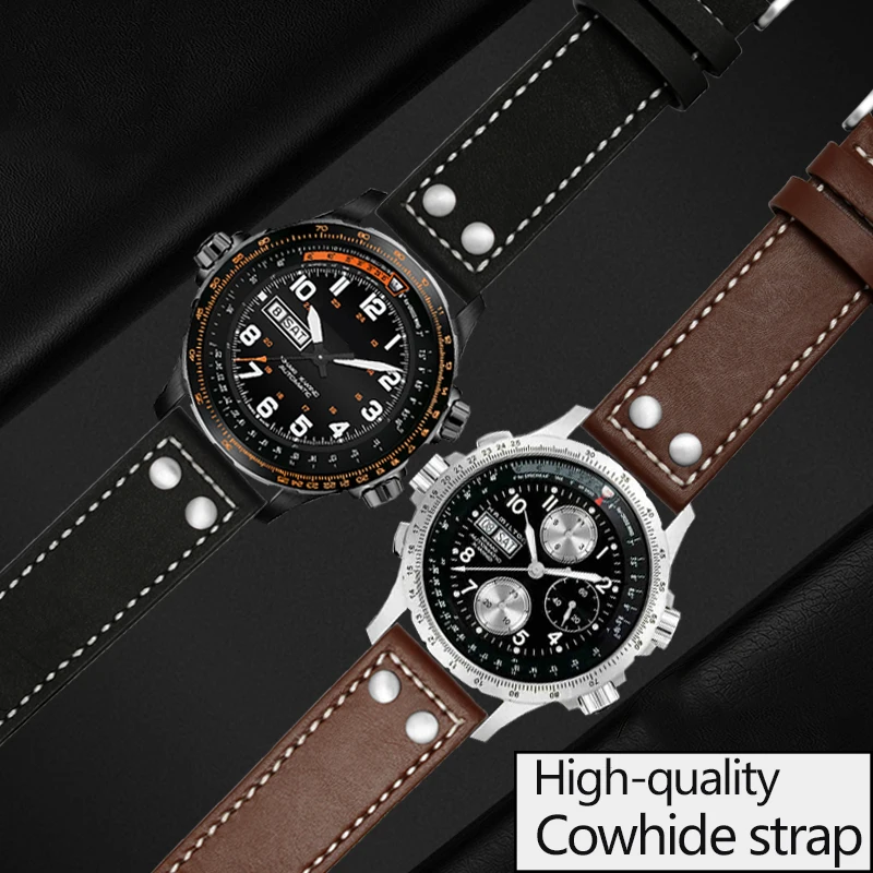 Genuine Leather Watchband for Hamilton Khaki Aviation Field Series Men\'s Watch Band Bracelte with Rivets Strap Brown 20mm 22mm