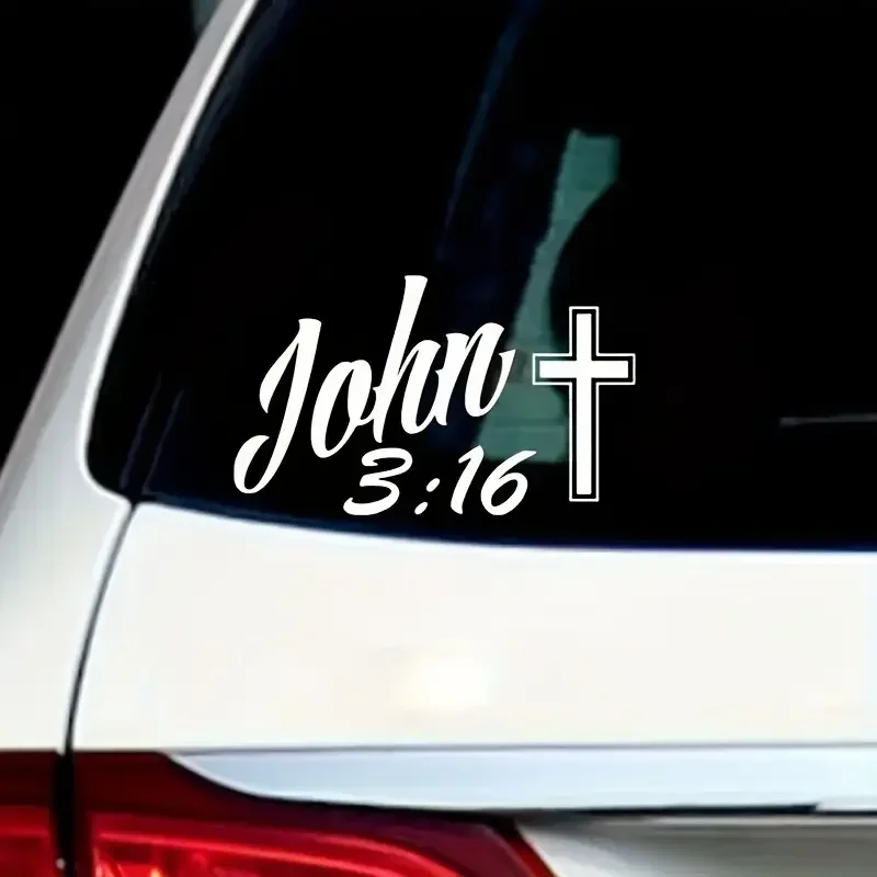 

John 3:16 Bible Verse Car Window Decal - Black Cross & White Cursive Script Car Stickers Vinyl Decals Sticker