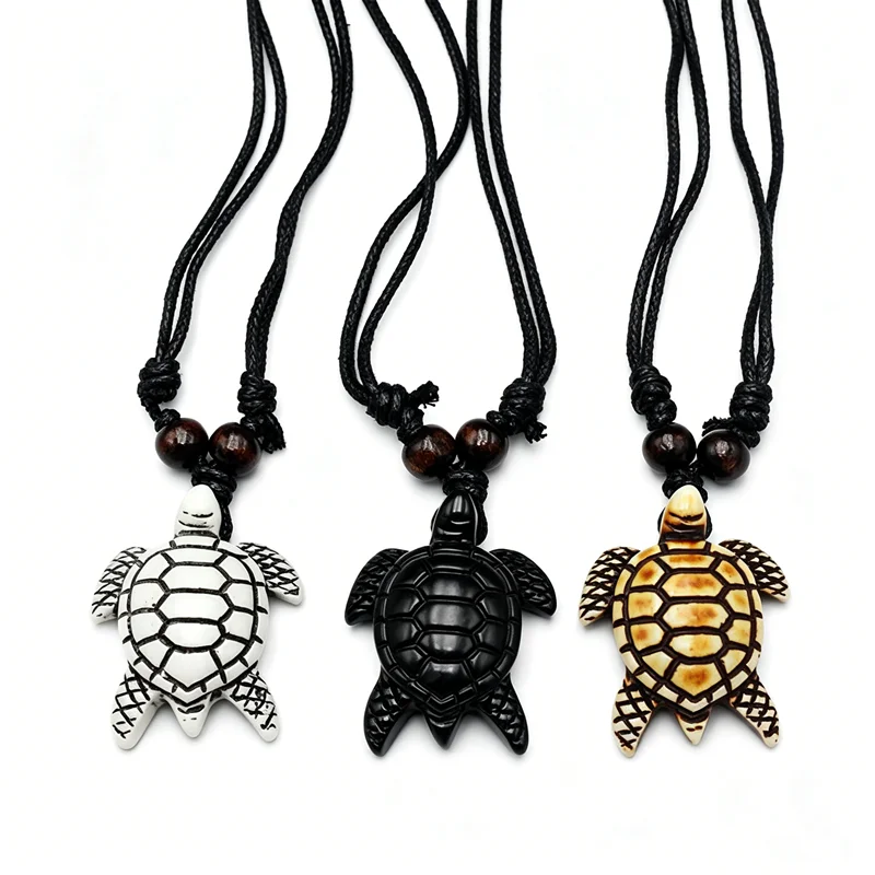 Polynesian Sea Turtle Pendant Necklace, Resin Imitation Bone, 3 Colors, Adjustable Black Cord Hawaiian Surfer Ethnic Jewelry