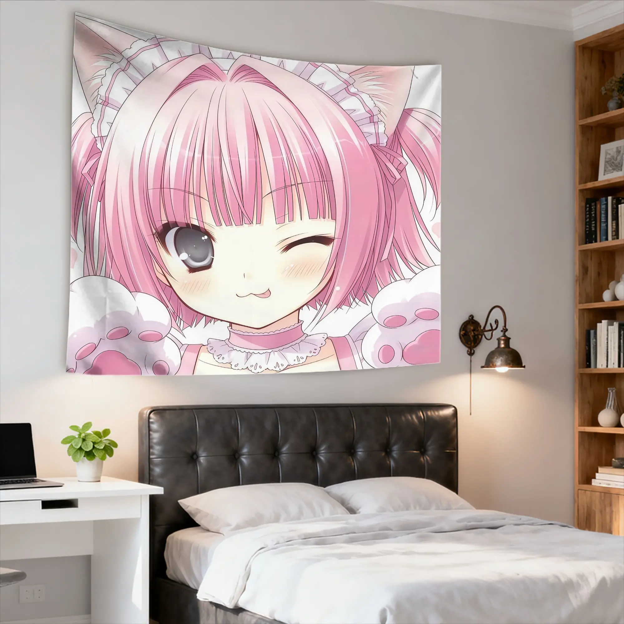 Pink Cat Ear Neko Girl Wall Tapestry Kawaii Cute Anime Aesthetic Tapestry Home Bedroom Wall Hanging Cloth Decor for Girls Room