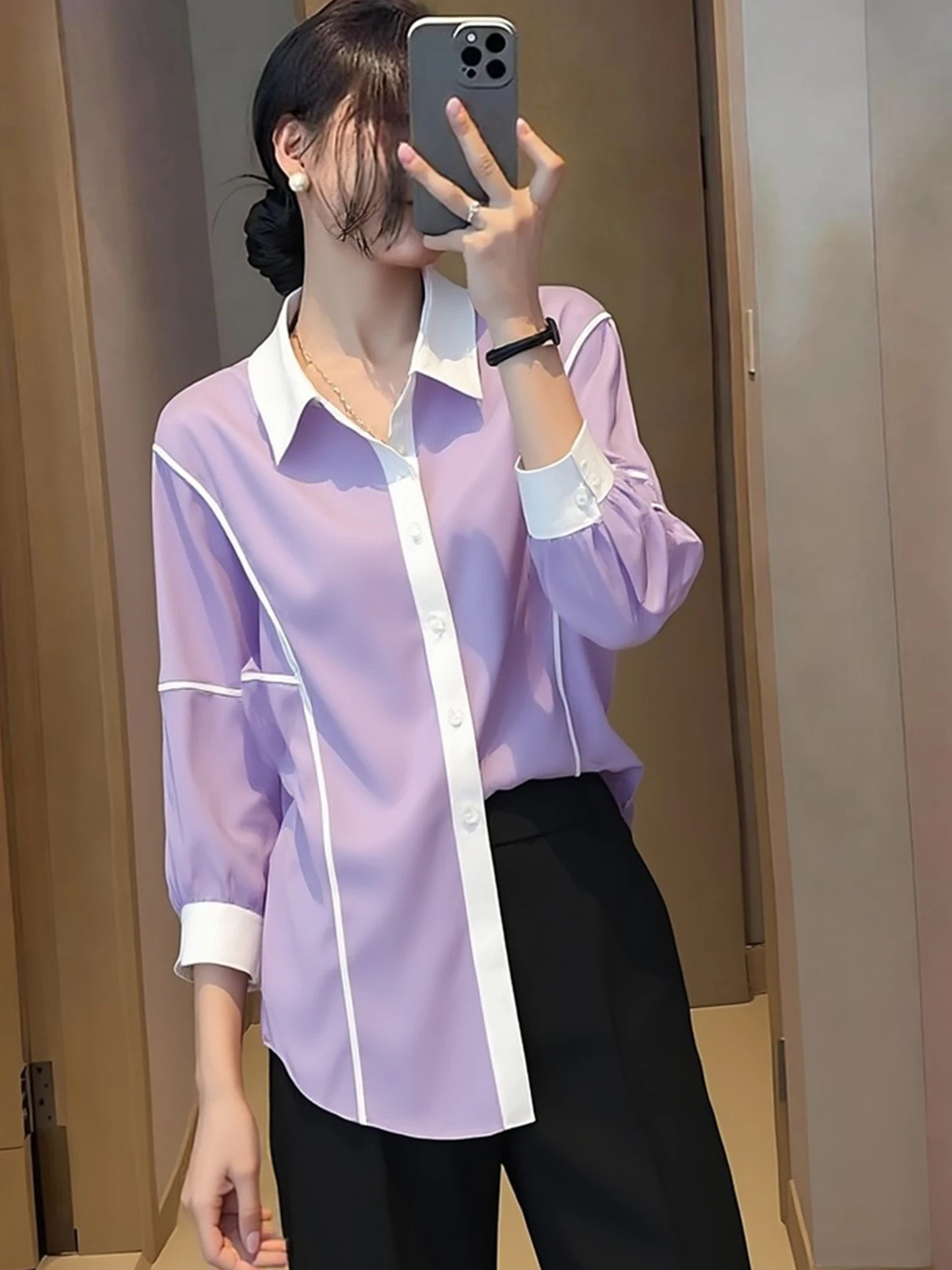 

Spring New Design Color Block Long Sleeve Shirt Single Button Fashionable Elegant Korean Style Straight Cut Silk Top