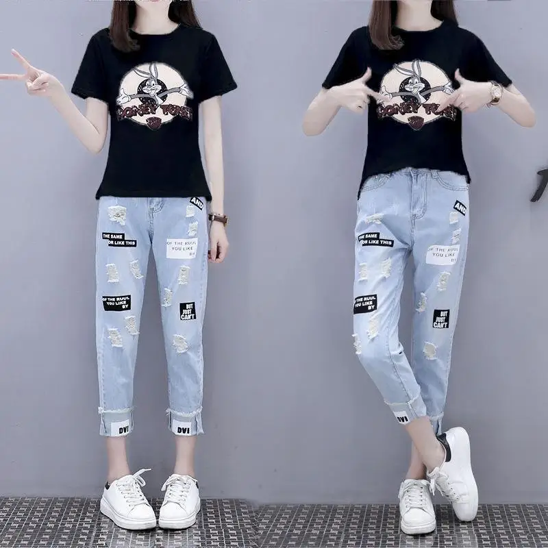 Single Piece/set T-shirt Student 2023 Summer New Korean Edition Printed T-shirt+Perforated Jeans Fashion Set Women