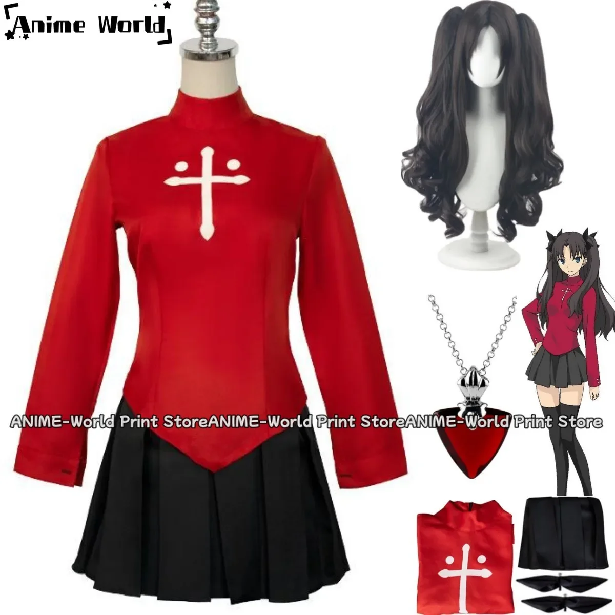 

Anime Game Fate/Stay Night Tohsaka Rin Cosplay Costume Wig Red Long Sleeved Uniform Necklace Woman Sexy Kawaii Halloween Suit