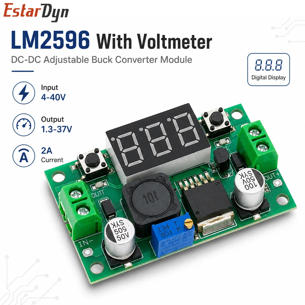 Estardyn LM2596S-ADJ 3A DC-DC Buck Converter 4-40V Input Adjustable Step Down Power Supply Module Red LED Voltmeter