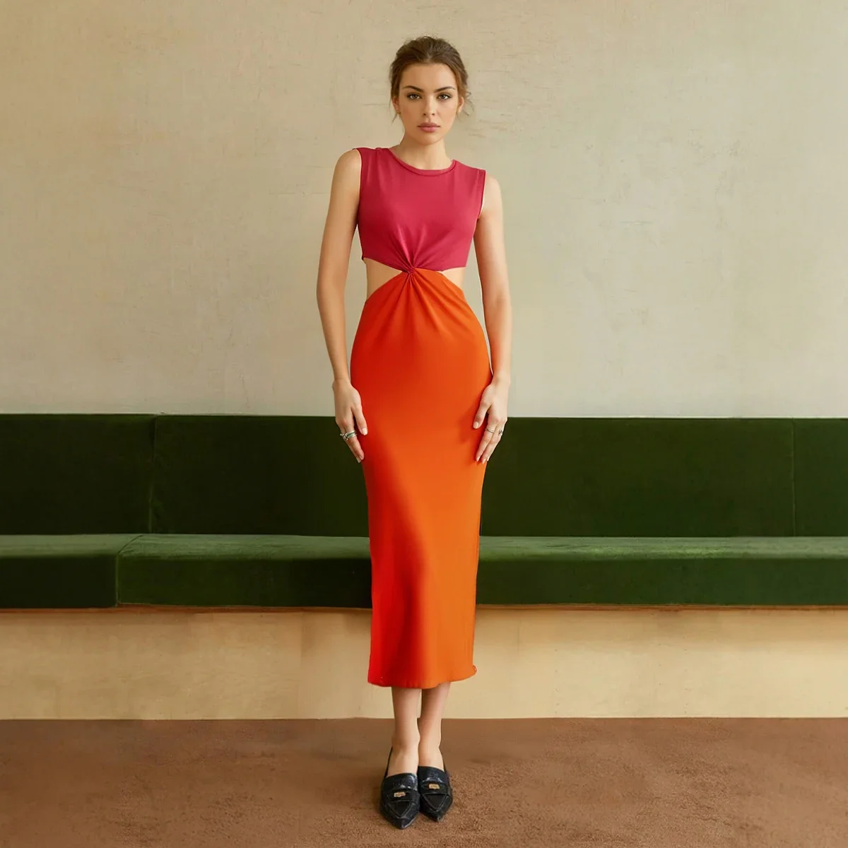 Abendkleider, formelle Ausschnitte, einfarbig, ärmellos, Rundhalsausschnitt, schmale Passform, Seitenschlitz, Midi-Kleider für Damen