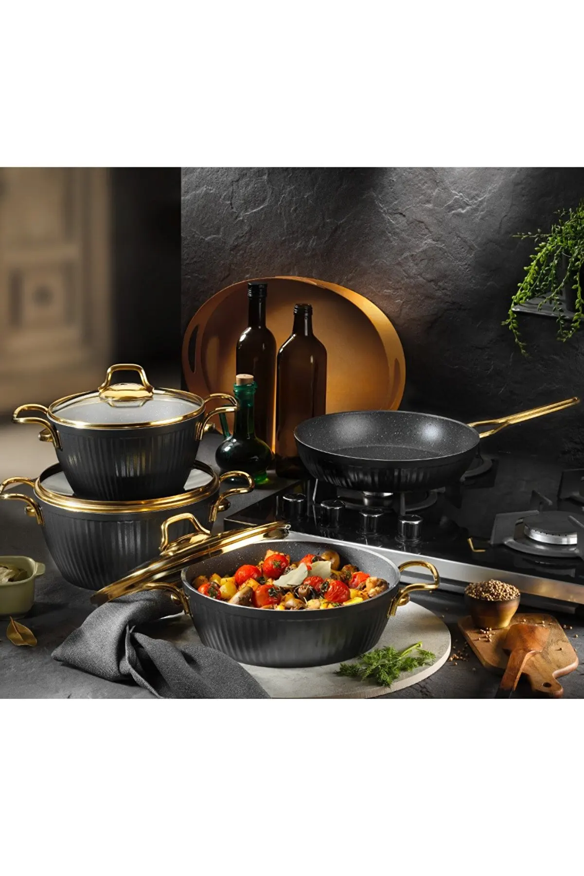 Granite 7 Pieces Stainless Non-Stick Cookware Set Gold Metal Handle Black Patterned Pan Kitchen Houseware Cooker Pancake Wok