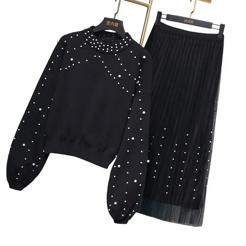 2024 Autumn Winter Sweaters Skirts Suits Beading Knitted Pullover Tops +Mesh Sets Clothing Set Y316