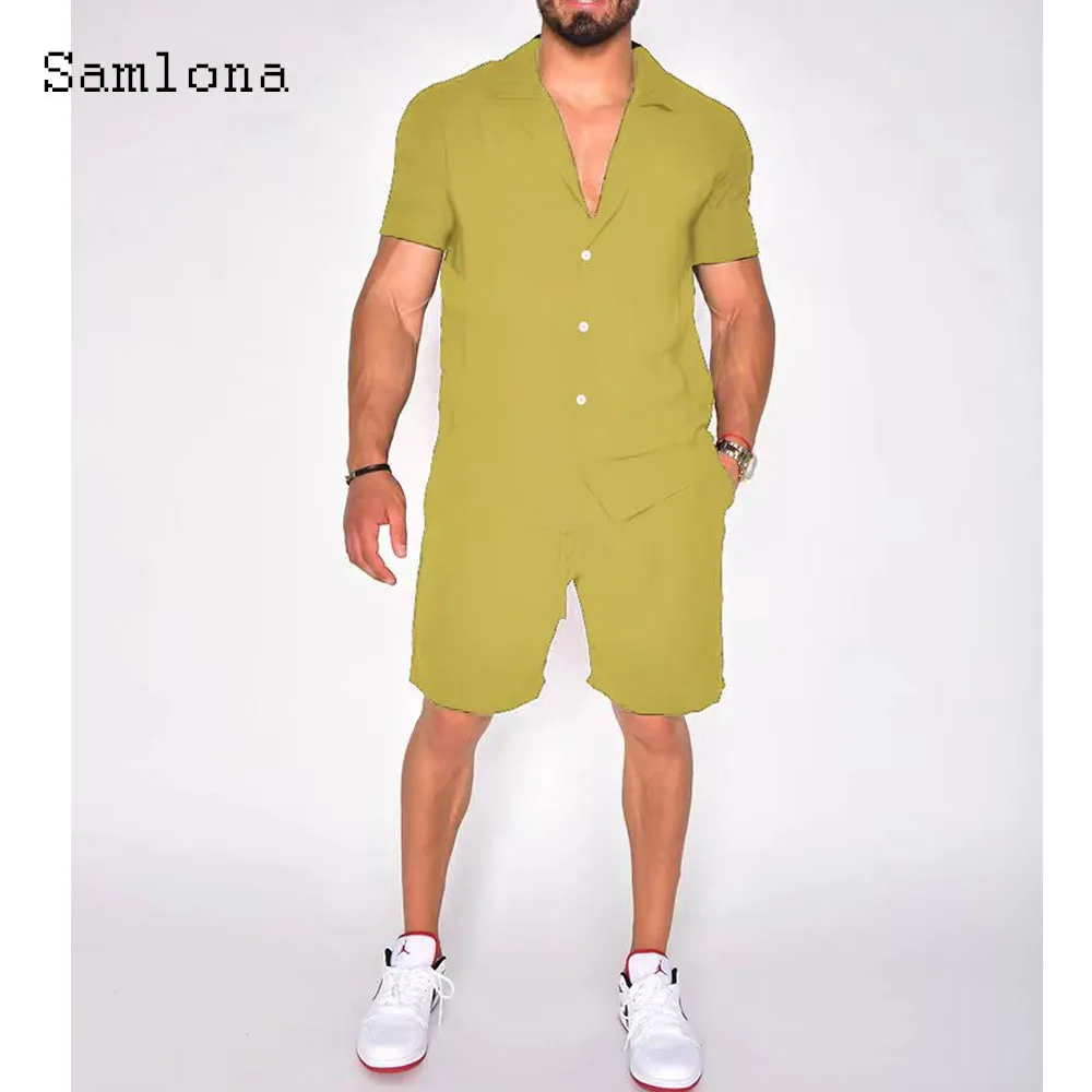 Samlona Plus Size Mens Casual Two Piece Sets 2024 Single Breasted Tops Blouse and Pocket Shorts Suit Male Beach Tracksuits Set