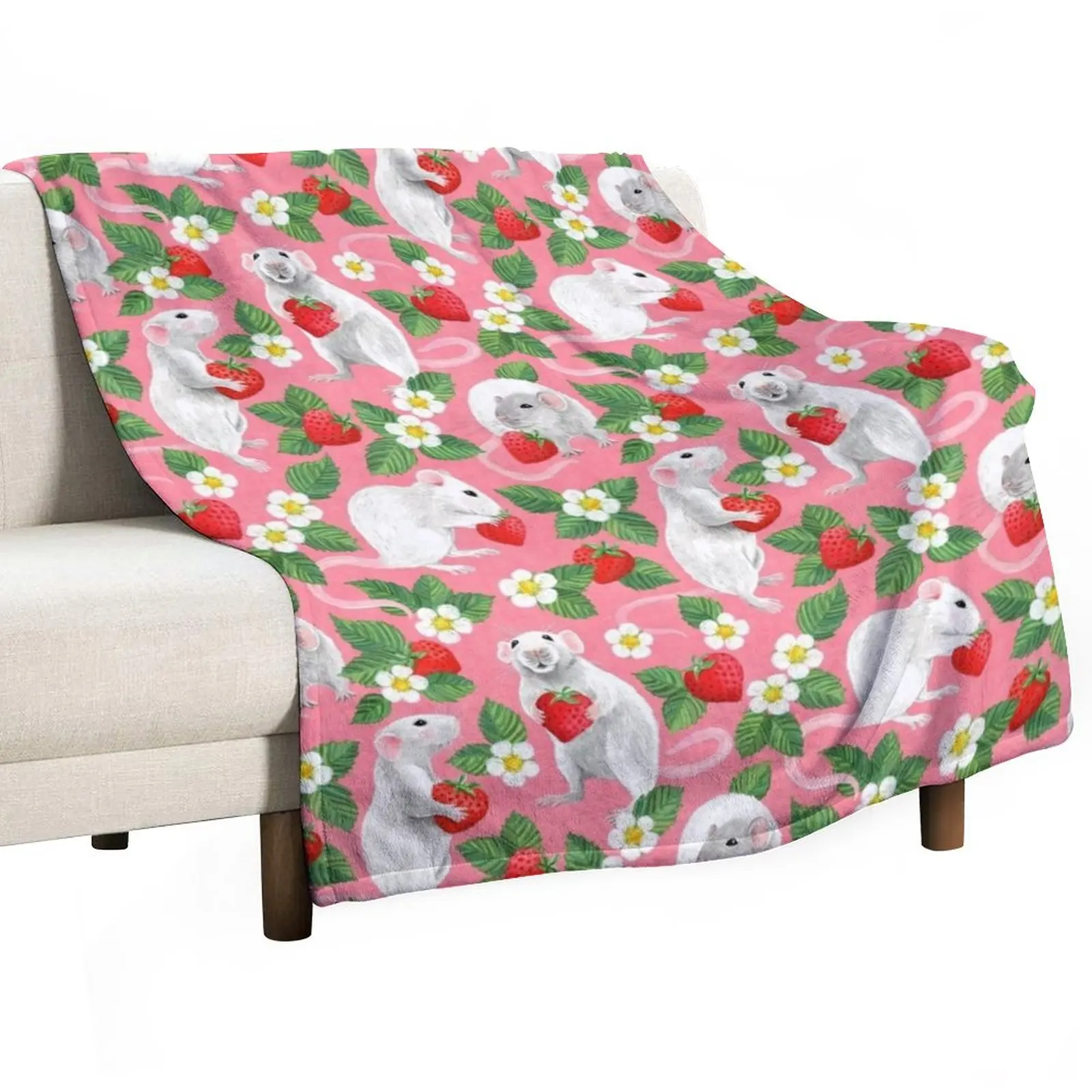 

Rats Love Strawberries on bright pink Throw Blanket Luxury Throw Blanket Hair Blanket Sofa Throw Blanket