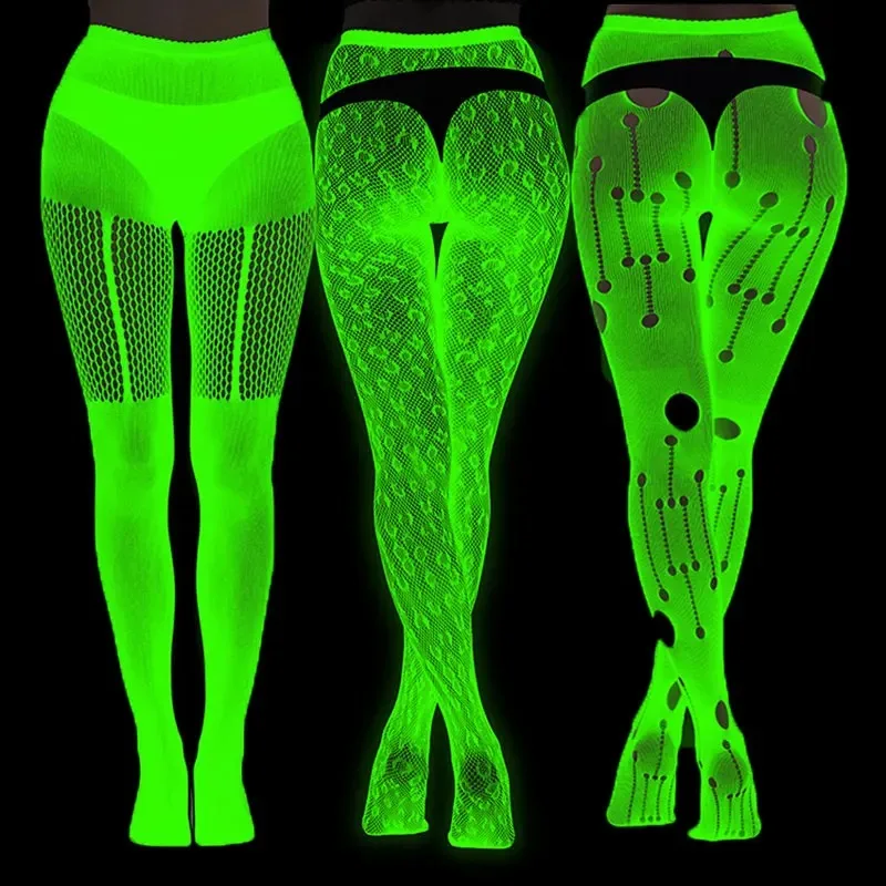 Светящиеся в темноте ажурные чулки, колготки для женщин, серебристые колготки-блестящие светящиеся чулочно-носочные изделия для Хэллоуина, косплея, вечеринки