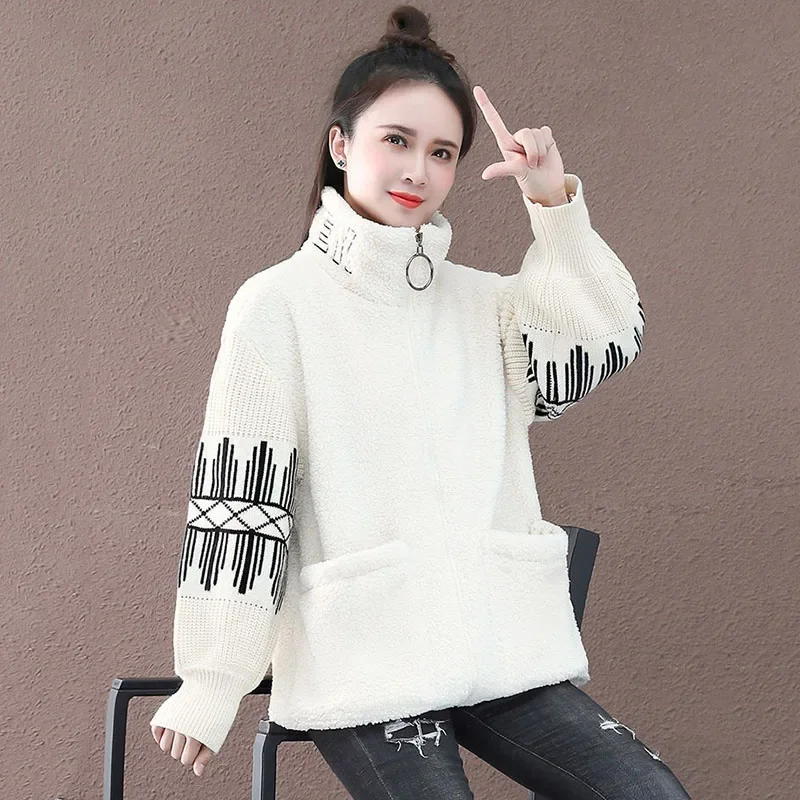 

Add Velvet Thicken Female Hoodie Jacket Autumn Winter 2022 New Loose Fashion Splicing Pocket Imitate Lambswool Women's Coat