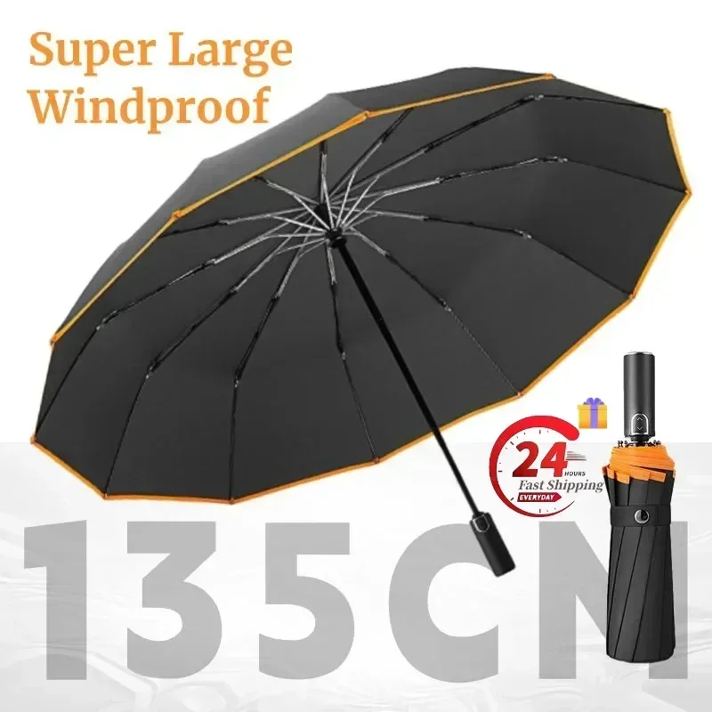 

135CM Super Large Windproof Strong Automatic Folding Men Umbrella, Reinforced, Wind Resistant Sun and Rain Umbrellas Big Parasol