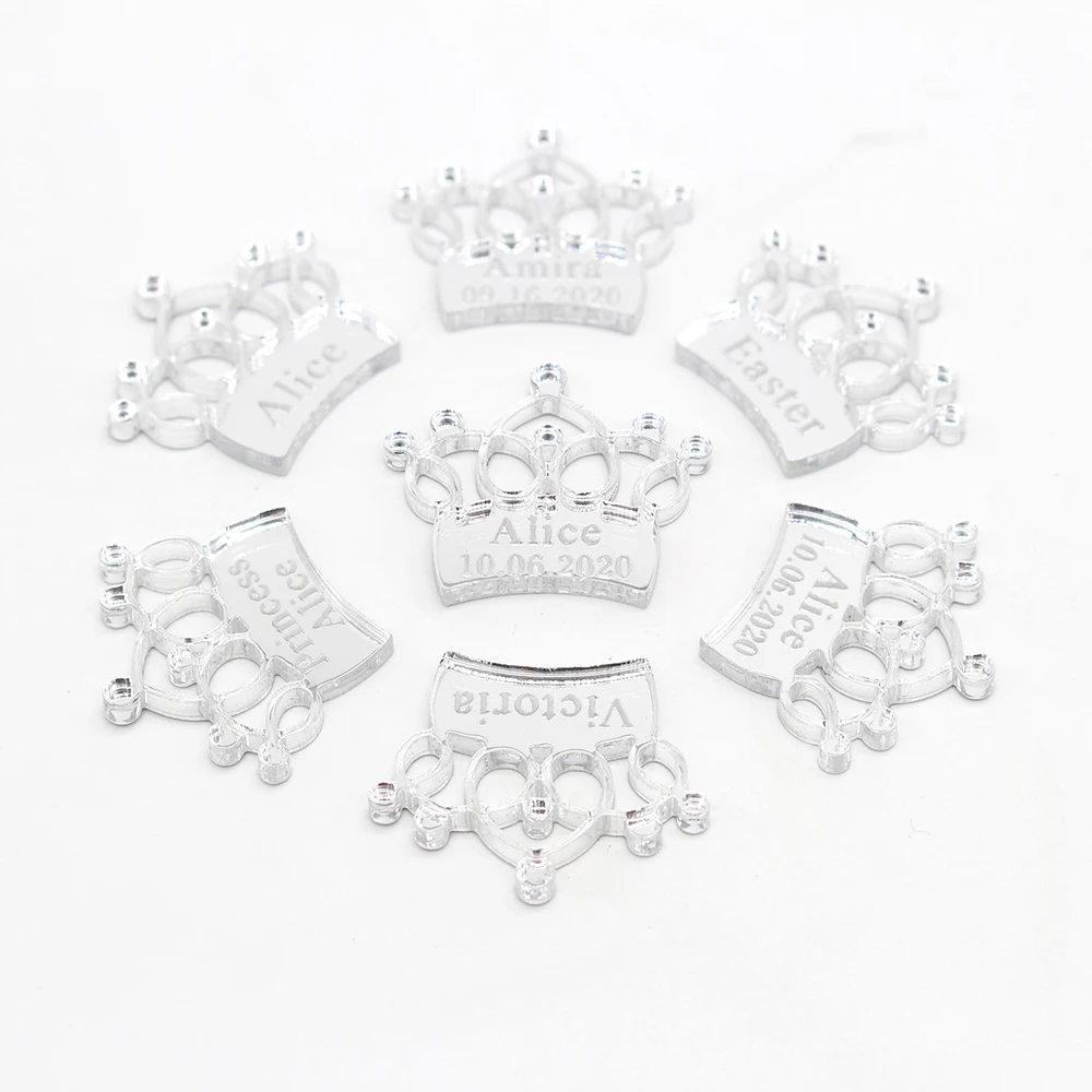 30/50/100pcs Personalized Mirror Crown Wedding Tags Table Center Decor Card Acrylic Baby Name Sign Party Favors Laser Cut Gift