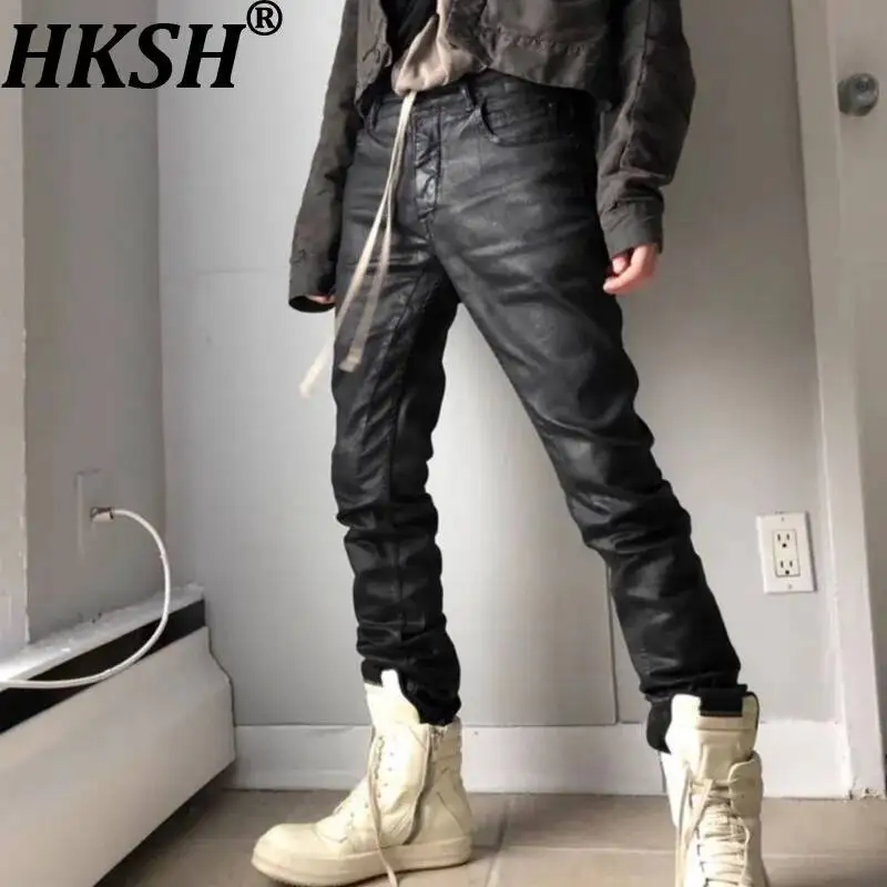 HKSH Spring Autumn Men Tide Dark Trendy Japanese High Street Denim Pants Youth Casual Coated Wax Slim Skinny Jeans Retro HK19006