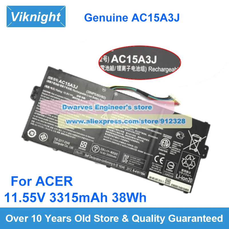 Genuine 11.55V 3315mAh 38Wh AC15A8J Battery AC15A3J KT.00303. For Acer Chromebook 11 R11 Series C738T C735-C7Y9 CB3-131 CB5-132T