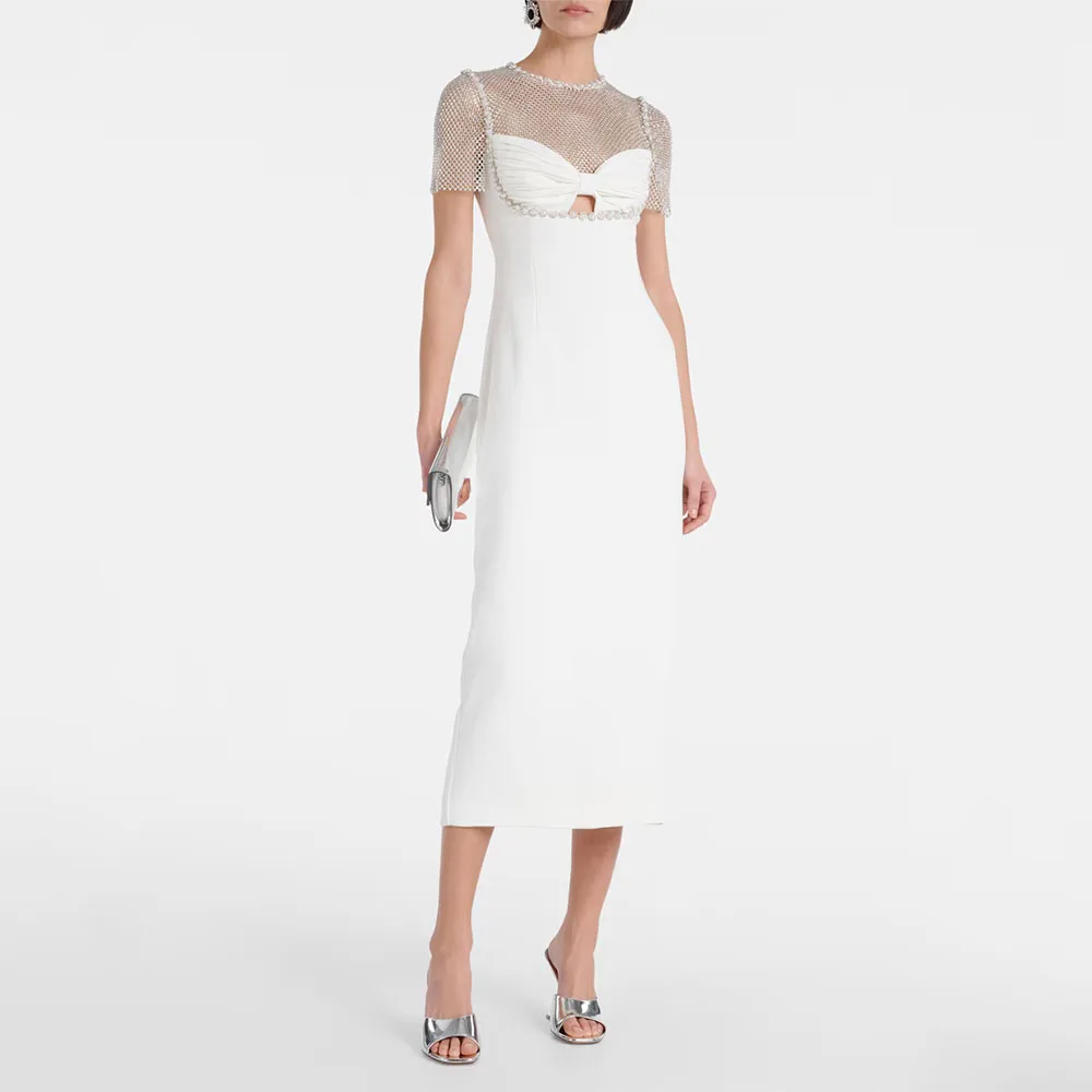 Ivory Women's Evening Gown Tea Length Prom Dress Short Sleeves Gliter Beading Formal Party Dress Sheath Saudi Dress