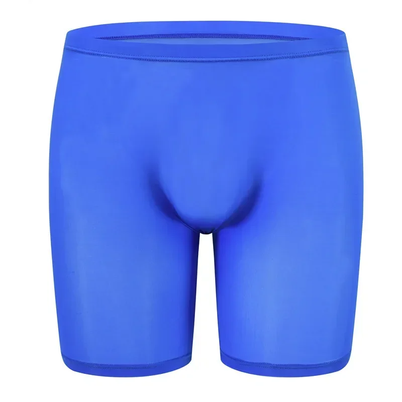 Men's Ice Silk Leg Trunk Transparent Sexy Bulge Pouch Boxer Shorts Solid Color Oil Shiny Smoothy Hip Lift Elastic Sports Panties