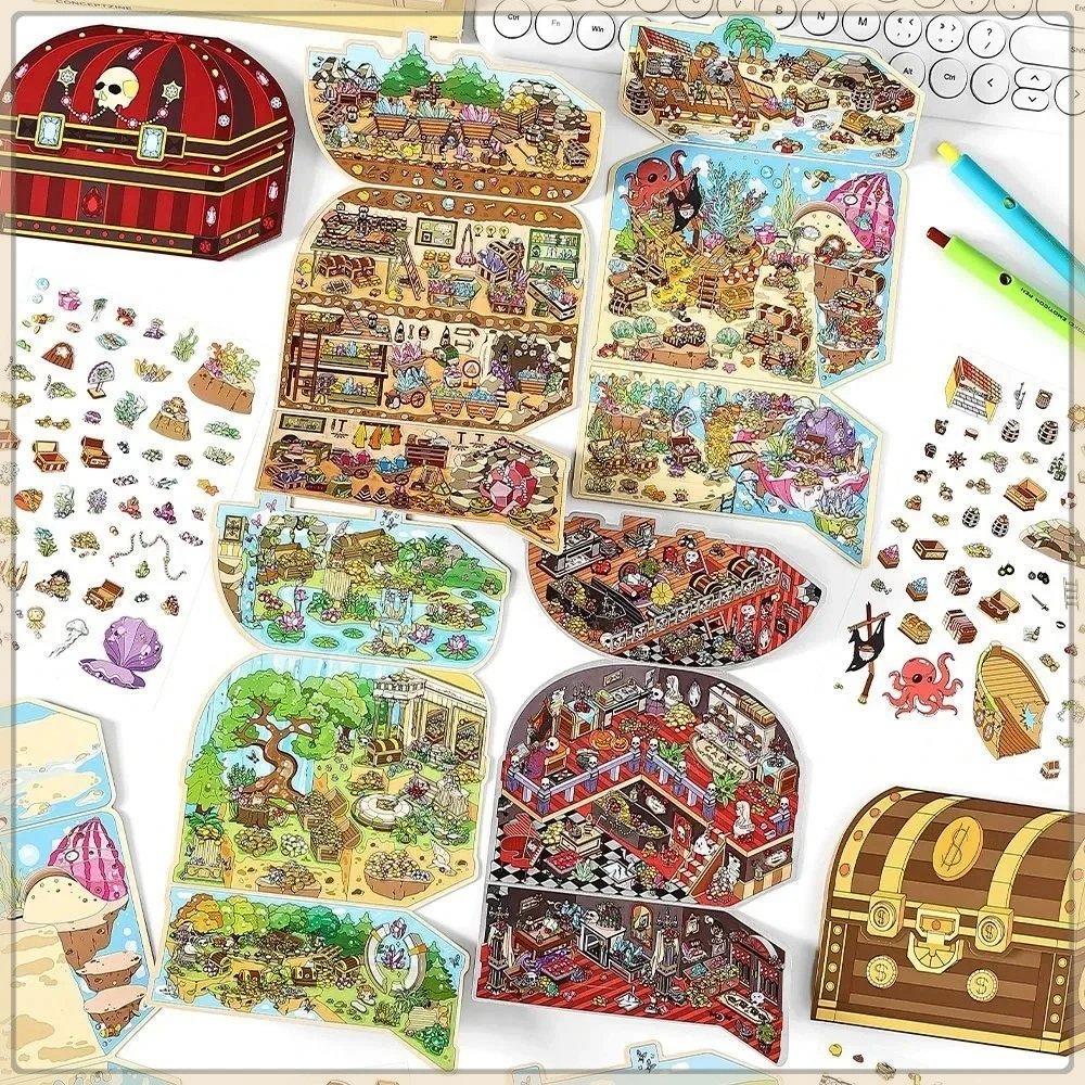 4 Packs Big 3D Cartoon Landscaping Sticker W/ Scence Card Pirates' Treasure Funny DIY Holiday Gift Scrapbooking Large Size