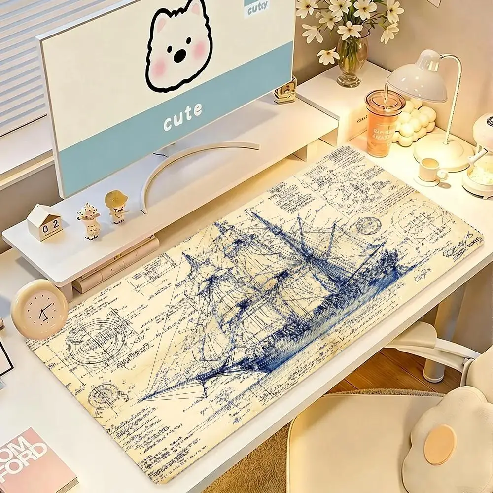 Table Mat Ancient Sailing Ship Old Nautical Map Mouse Pads Large Size For Bedroom Learning Games Game Card Pad