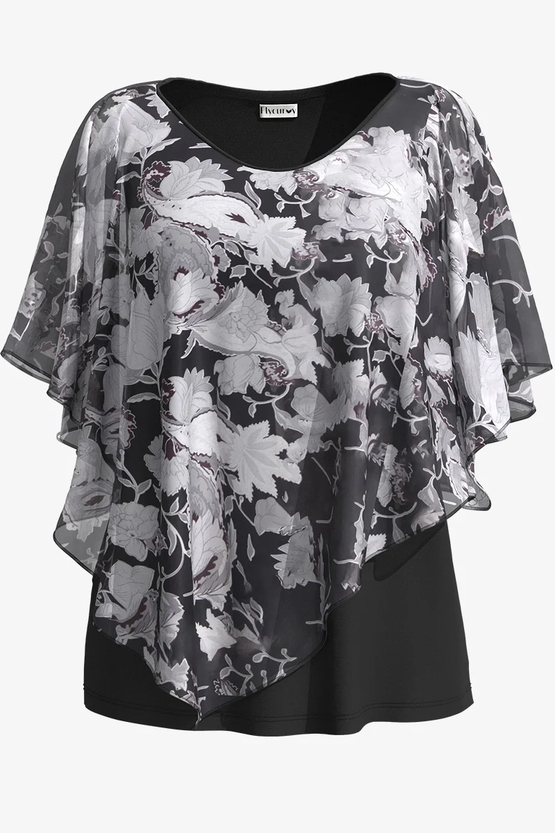 Plus Size Women Blouse Cloak Loose Casual Floral Print Ruffle Batwing Cape Sleeve Tee Top Medium Stretch Women Shirt Top