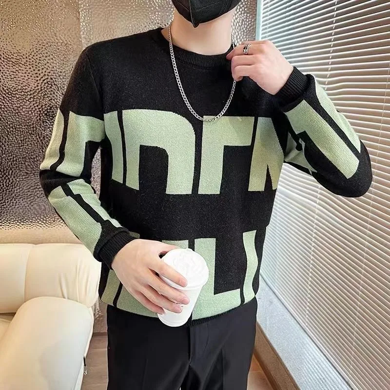 بلوفر تريكو برقبة دائرية بقصة ضيقة للرجال على الطراز الكوري، داخلي دافئ عصري لربيع الخريف والشتاء، طبقات عالية الجودة