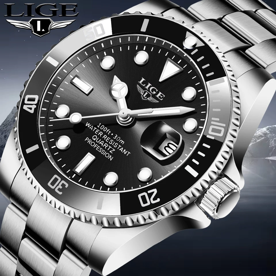 LIGE Top Brand Luxury Mens Watches Fashion Business Men's Quartz Wristwatches Waterproof Luminous Date Chronograph Montre Homme