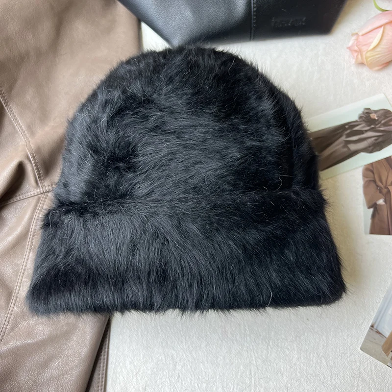 2023 neue Mode Kaninchen Fell Y2k Mützen für Frauen Weiche Warme Flauschigen Angola Winter Hut Weibliche Winddicht Motorhaube Hut Skullies Kappe – Detail 31