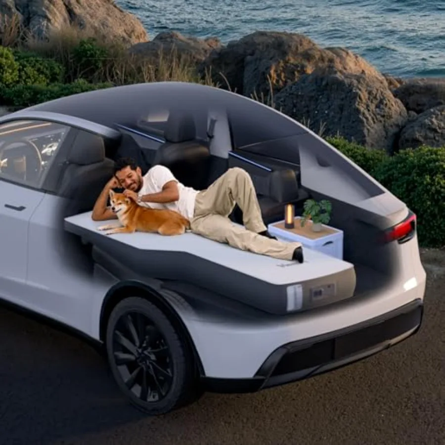 

FlatCore Backseat Solo Mattress for Tesla Model Y: wedge design, 6.7-inch hybrid support, black fabric, portable camping mattre